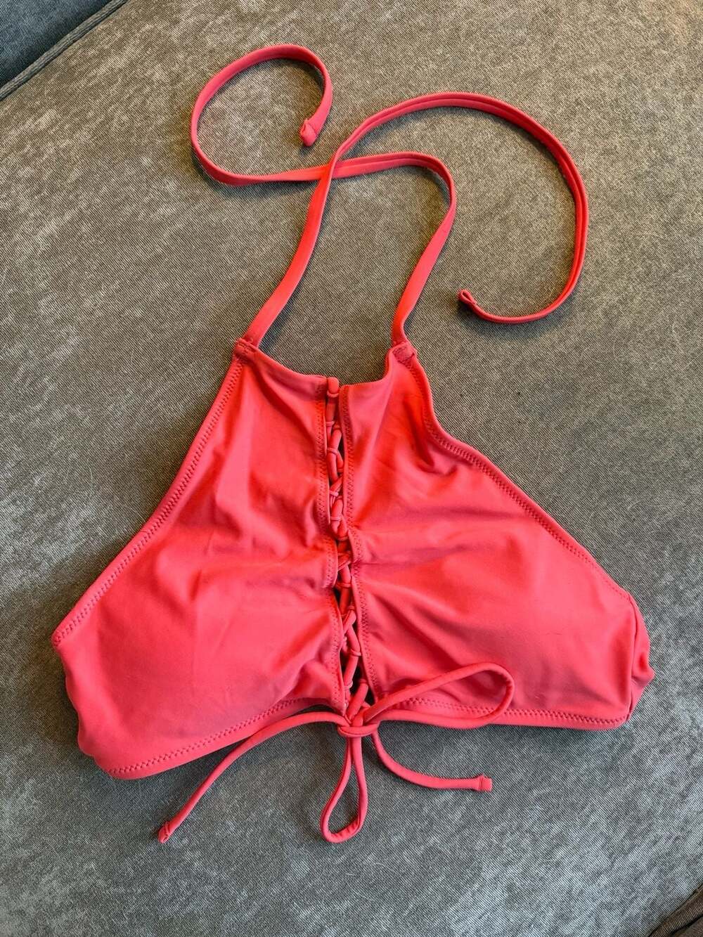 Aerie Coral High Neck Lace Up Front Bikini Top